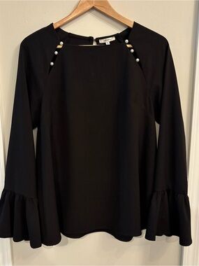 JODIFL Women’s Black Blouse Pearl Detail with Ruffle Cuffs Medium